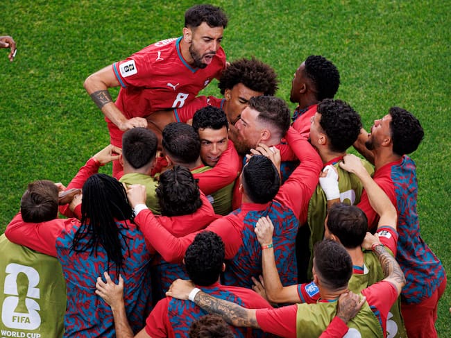 HOUSTON, TEXAS - JUNE 23: Cristiano Ronaldo of Portugal celebrates his goal with teammates during the FIFA World Cup 2026 Group K match between Portugal and Uzbekistan at Houston Stadium on June 23, 2026 in Houston, United States. (Photo by Grzegorz Wajda/Eurasia Sport Images/Getty Images)