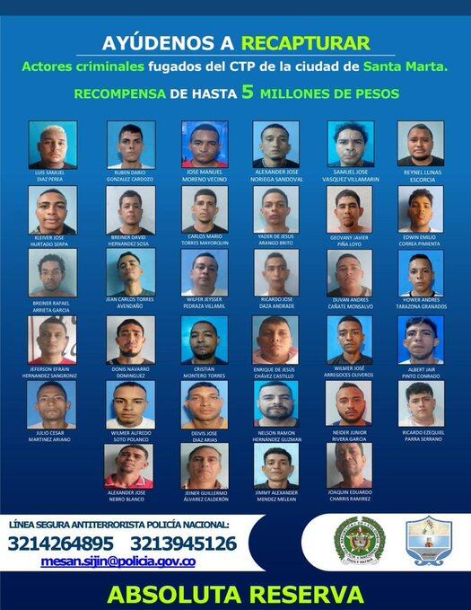 Ofrecen recompensa de hasta 5 millones por 34 fugados de centro transitorio en Santa Marta/ Alcaldía de Santa Marta.