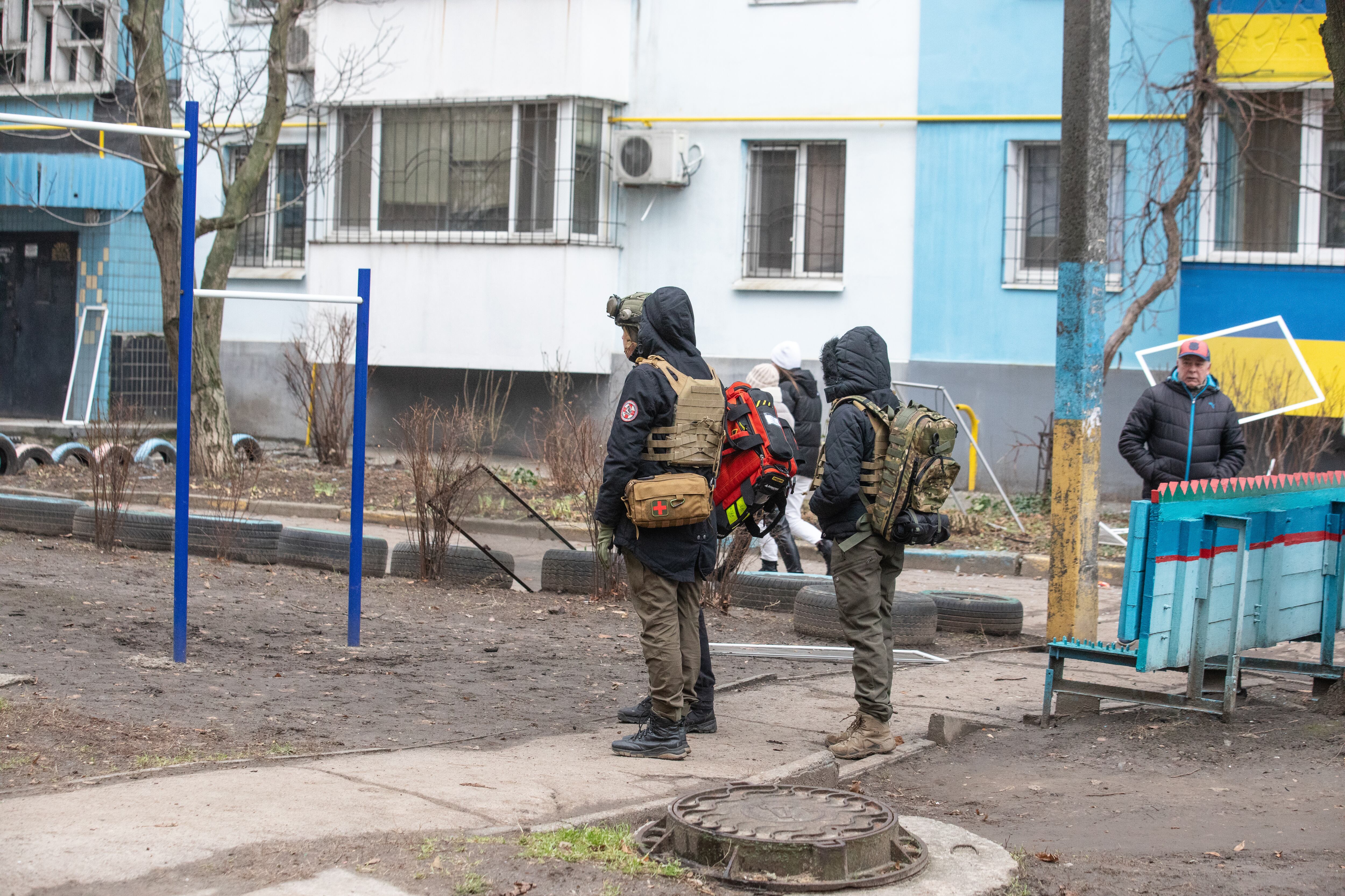 DNIPRO, UKRAINE - DECEMBER 29: Search and rescue teams conduct operation after Russian strike hits the city center in Dnipro, Ukraine on December 29, 2023. Appolo mall, the Blue building, maternity hospital and many other buildings were damaged in the attack. Head of the Military Administration of the Dnipro Region, Sergey Lisak stated that there were deaths in the missile attacks carried out by Russia in the morning. (Photo by Arsen Dzodzaiev/Anadolu via Getty Images)