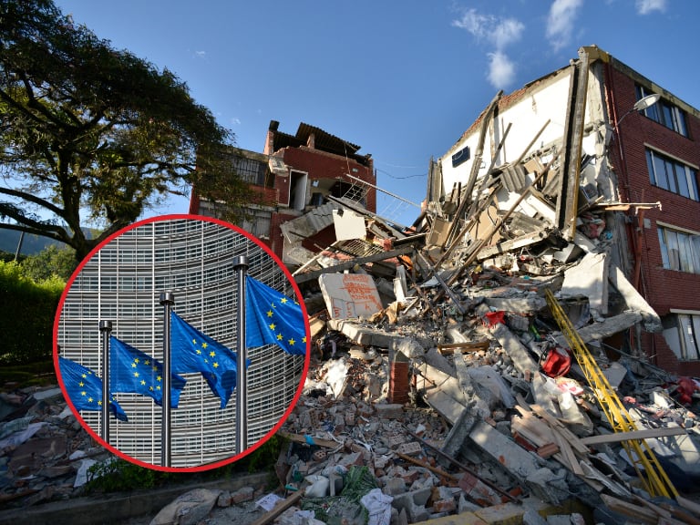 Imagen de referencia | Edificio afectado tras terremoto en Colombia - Banderas de la sede de la UE: Getty Images.