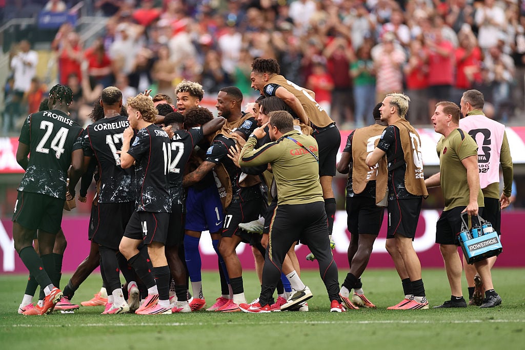 INGLEWOOD, CALIFORNIA - JUNE 28: Stephen Eustaquio #7 of Canada (obscured) celebrates scoring his team's first goal with team mates during the FIFA World Cup 2026 Round Of 32 match between South Africa and Canada at Los Angeles Stadium on June 28, 2026 in Inglewood, California. (Photo by Sarah Stier - FIFA/FIFA via Getty Images)