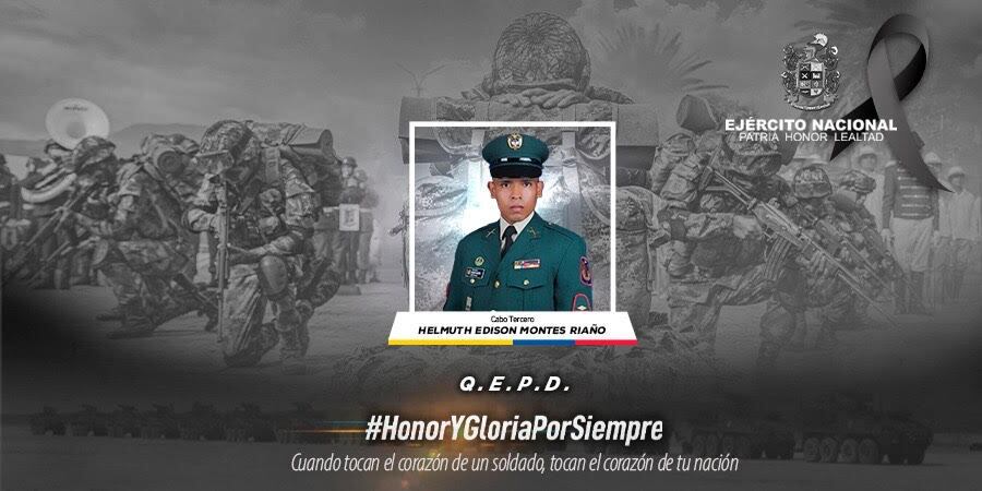 El soldado Helmuth Edison Montes Riaño murió tras caer en un campo minado en Antioquia. Cortesía: Ejército Nacional.