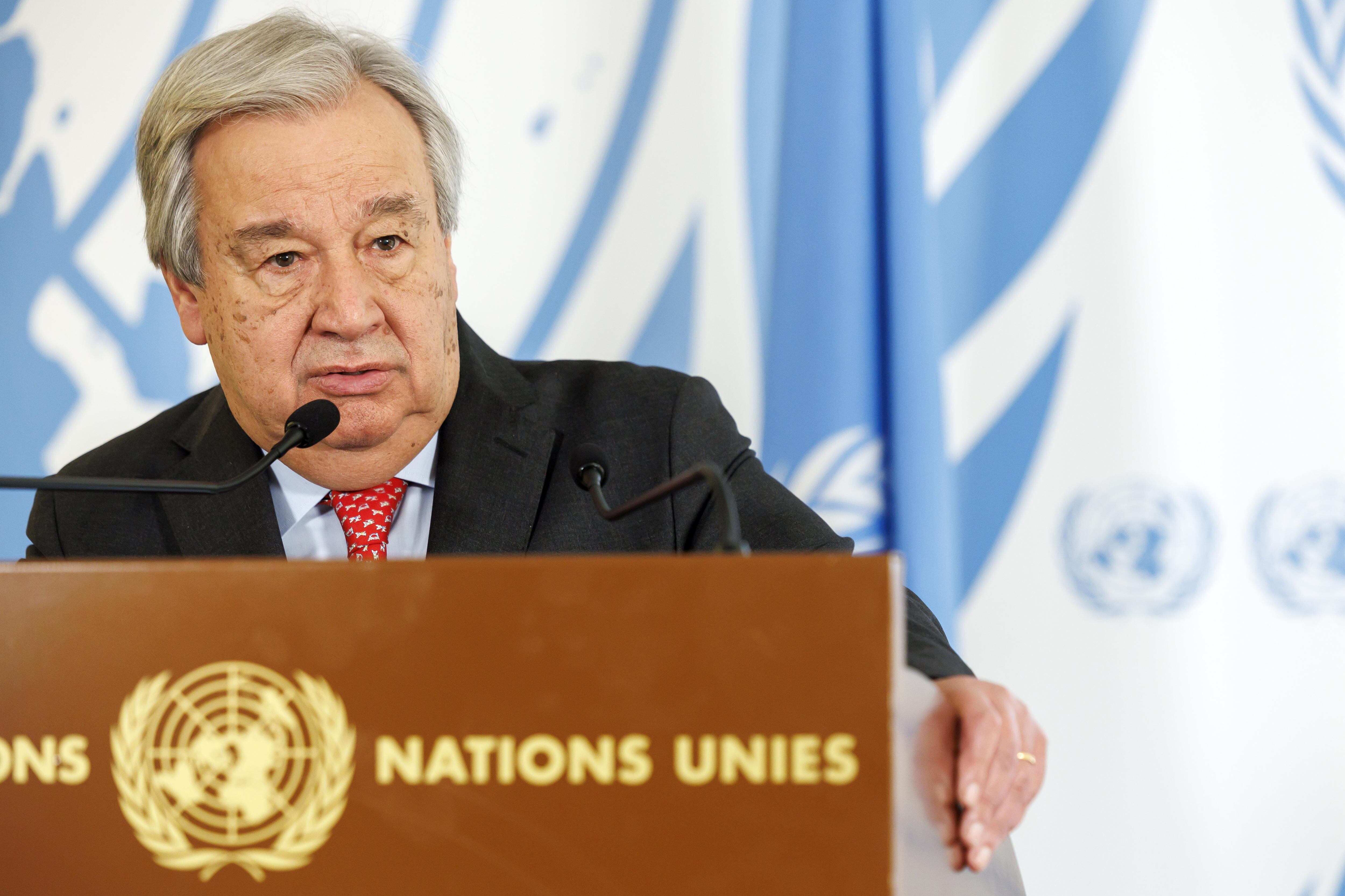 Geneva (Switzerland), 26/02/2024.- UN Secretary-General Antonio Guterres addresses the media during the High-Level Segment of the 55th session of the Human Rights Council at the European headquarters of the United Nations in Geneva, Switzerland, 26 February 2024. (Suiza, Ginebra) EFE/EPA/SALVATORE DI NOLFI