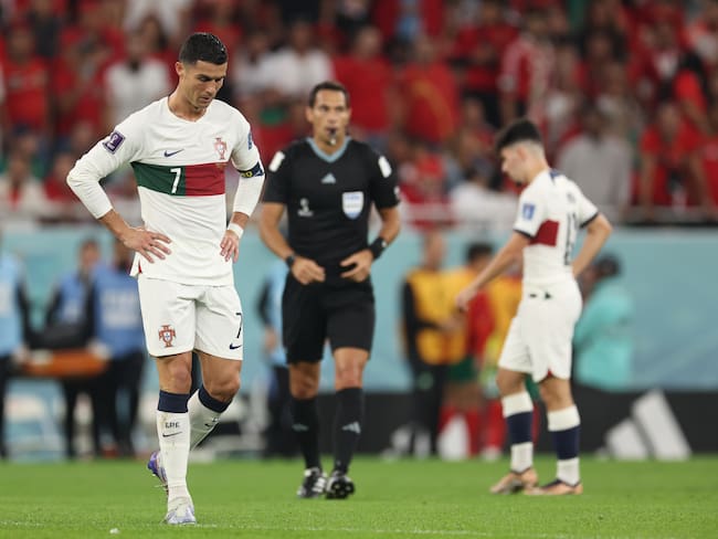 DOHA, QATAR - DECEMBER 10: Cristiano Ronaldo of Portugal reacts during the FIFA World Cup Qatar 2022 quarter final match between Morocco and Portugal at Al Thumama Stadium on December 10, 2022 in Doha, Qatar. (Photo by Matthew Ashton - AMA/Getty Images)