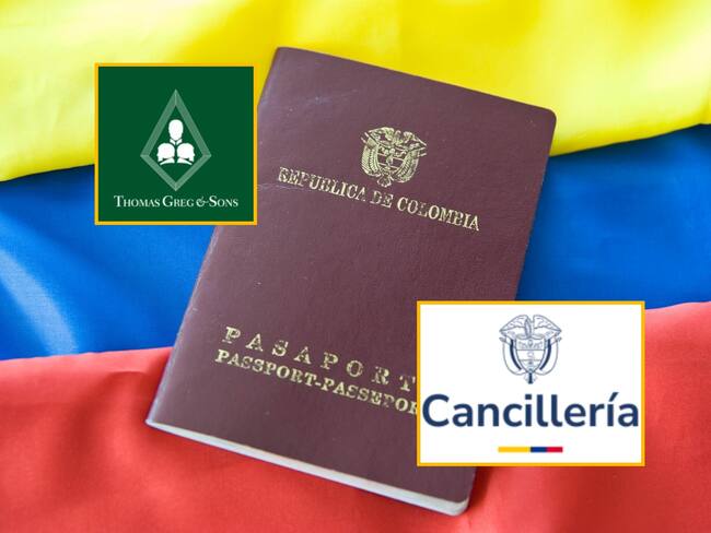 Logos de Thomas Greg & Sons y la Cancillería de Colombia. De fondo, la bandera de Colombia debajo de un pasaporte colombiano. Fotos: suminsitradas.