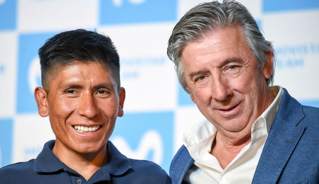 Nairo junto a Unzué en una presentación con el Movistar 