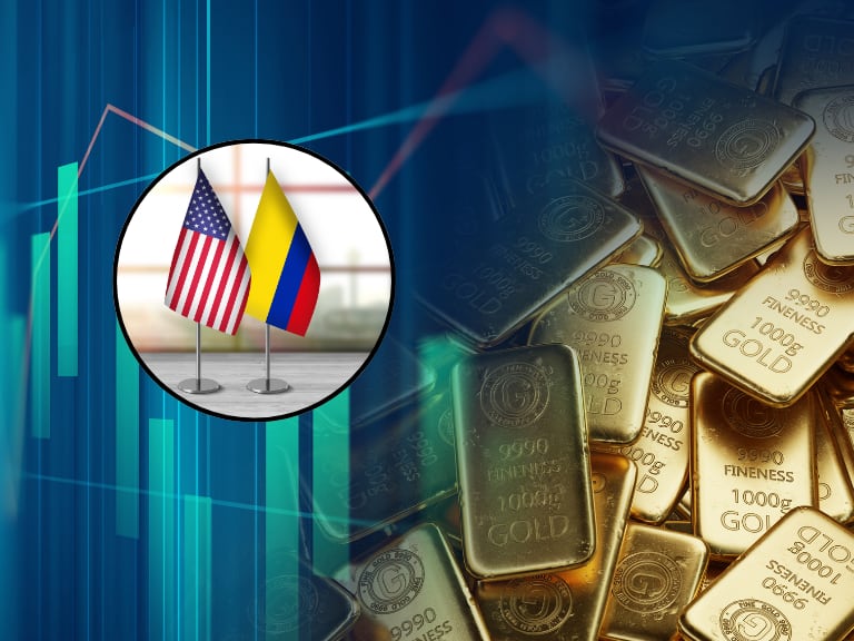 Lingote de oro e ilustración de gráficas fluctuantes, con las banderas de Colombia y Estados Unidos al lado (Foto vía Getty Images)