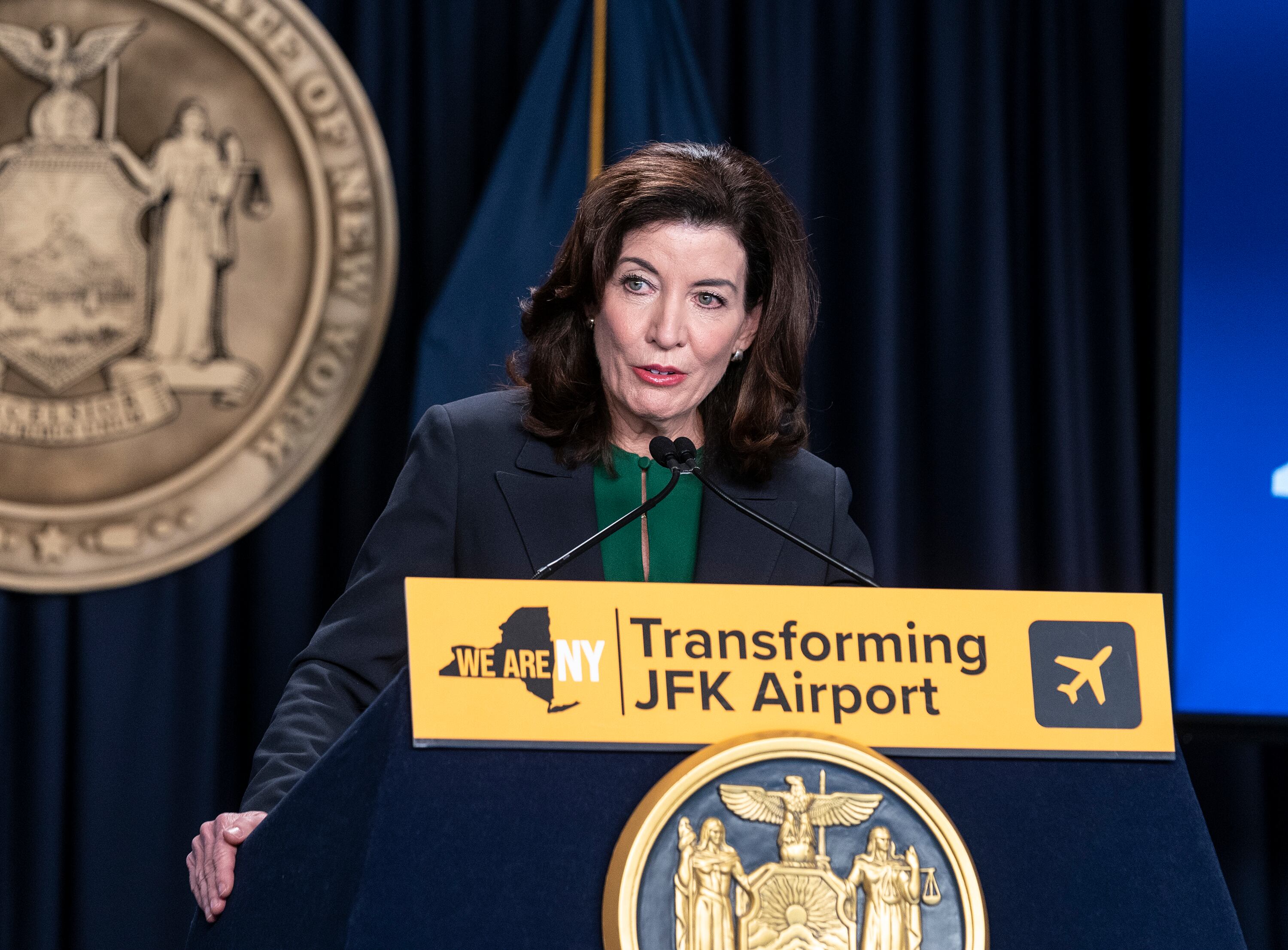 NEW YORK, UNITED STATES - 2021/12/13: Governor Kathy Hochul makes an announcement to build new international terminal at JFK (John F. Kennedy) airport. Governor announced that the Port Authority of New York and New Jersey has reached a revised agreement with The New Terminal One - a consortium of private/public financial sponsors - to build a 2.4 million square foot state-of-the-art new international terminal that will anchor the south side of John F. Kennedy International Airport. (Photo by Lev Radin/Pacific Press/LightRocket via Getty Images)