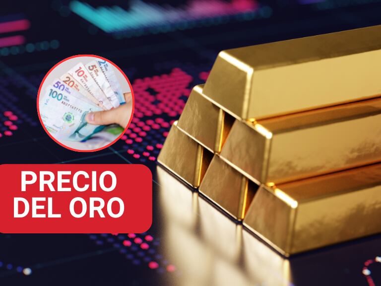 Lingotes de oro sobre una ilustración de una gráfica fluctuante y al lado billetes colombianos (Foto vía Getty Images).
