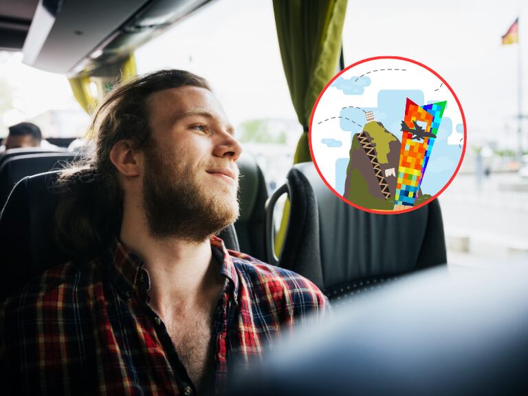 Hombre viajando en bus y de fondo una ilustración alusiva a la Piedra del Peñol, en Antioquia, y al monumento insignia de Barranquilla (Fotos vía Getty Images)