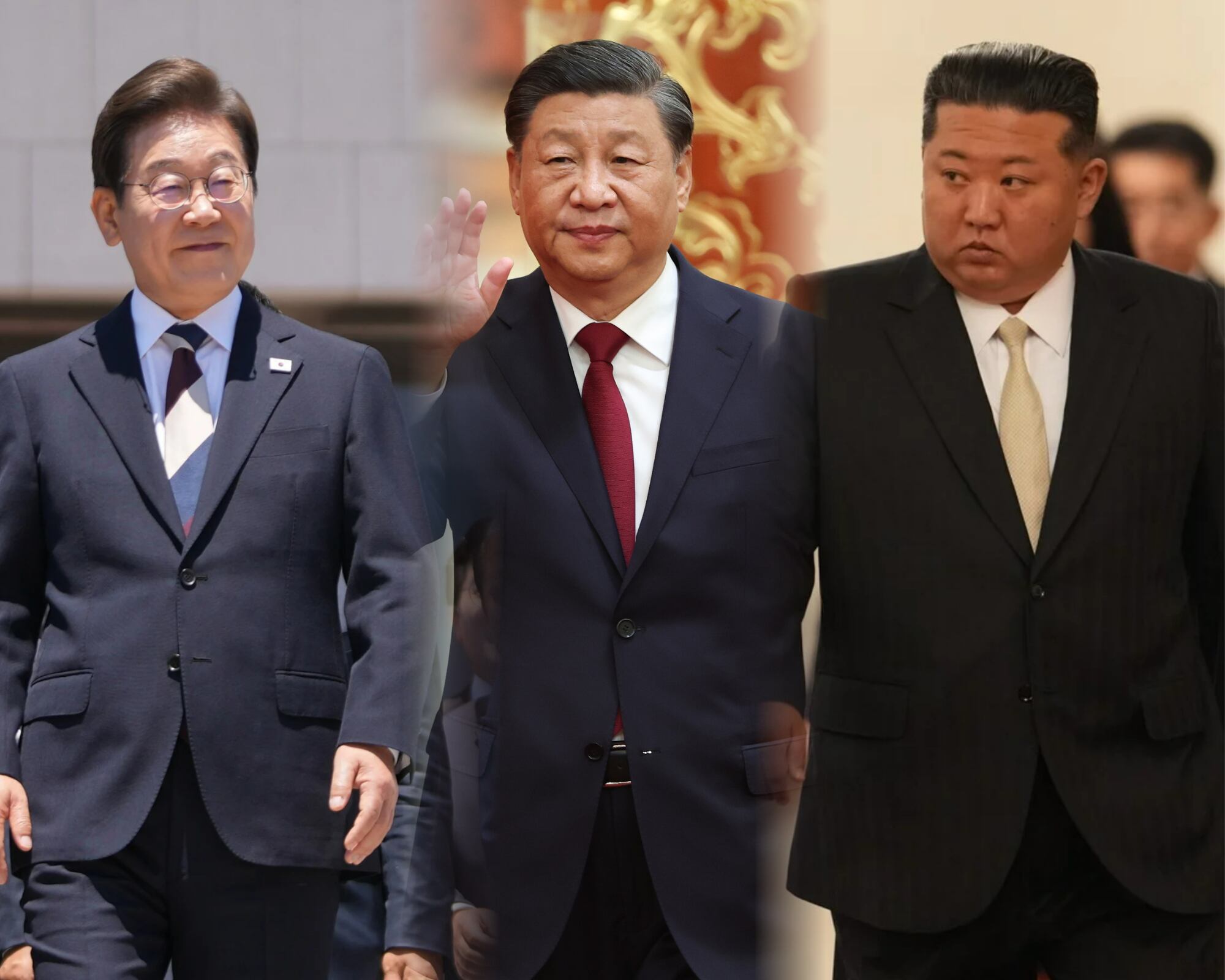 De derecha a izquierda, el presidente de Corea del Sur, Lee Jae Myung, presidente chino, Xi Jinping y el presidente de Corea del Norte, Kim Jong-un. 
(Foto:    Caracol Radio / Getty )
