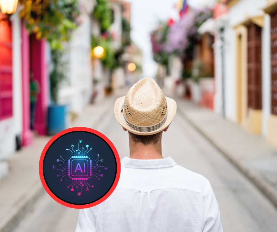 Turista paseando por pueblo colombiano y logo IA (Getty Images)