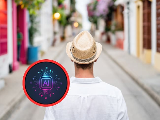 Turista paseando por pueblo colombiano y logo IA (Getty Images)