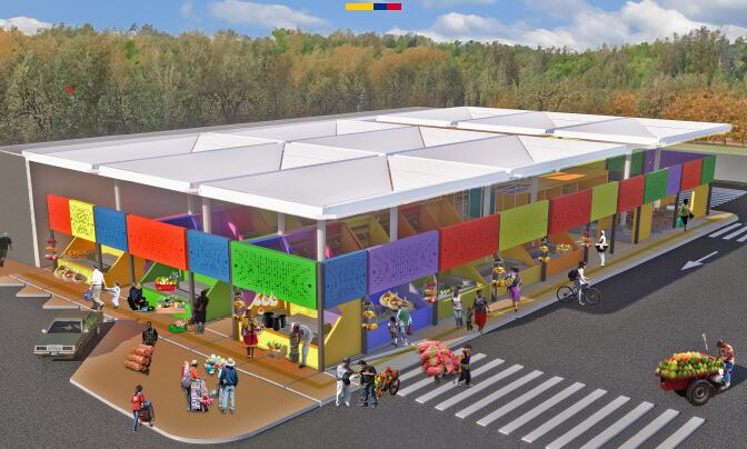 Así lucirá el Punto de Abastecimiento Solidario. Es una estructura modular que estará ubicada en un lote de 800 metros cuadrados. Imagen | Prosperidad Social.