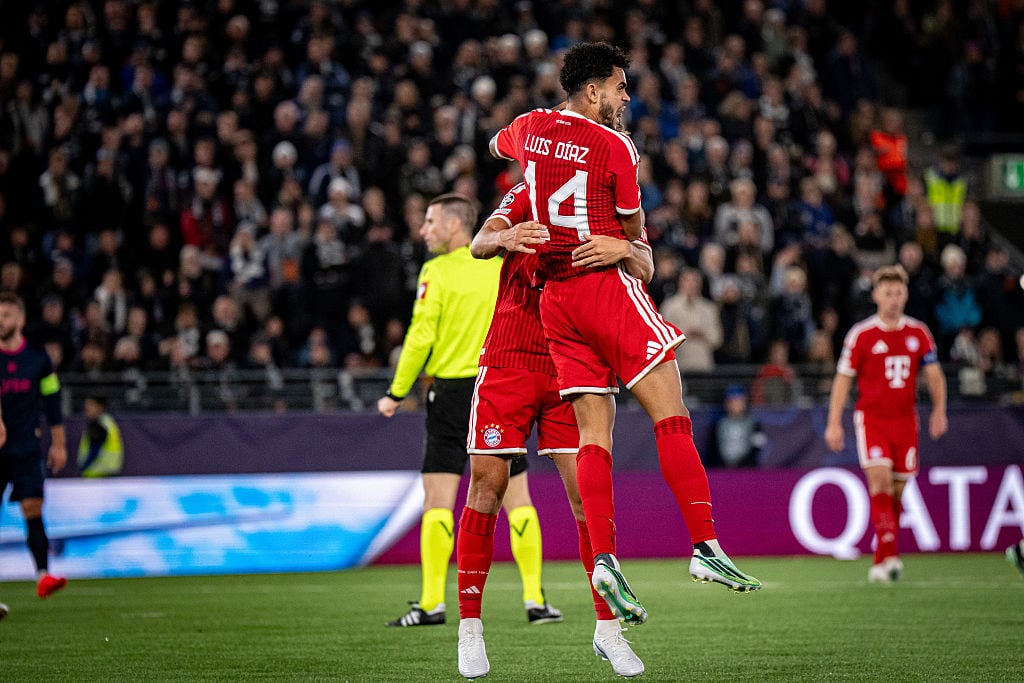 STAVANGER, NORWAY - OCTOBER 13: Players of FC Bayern Munich celebrate after Luis Diaz scores his team's third goal during the UEFA Champions League 2026/27 League Phase MD2 match between Viking FK and FC Bayern München at Viking Stadion on October 13, 2026 in Stavanger, Norway. (Photo by S. Stingl/FC Bayern via Getty Images)