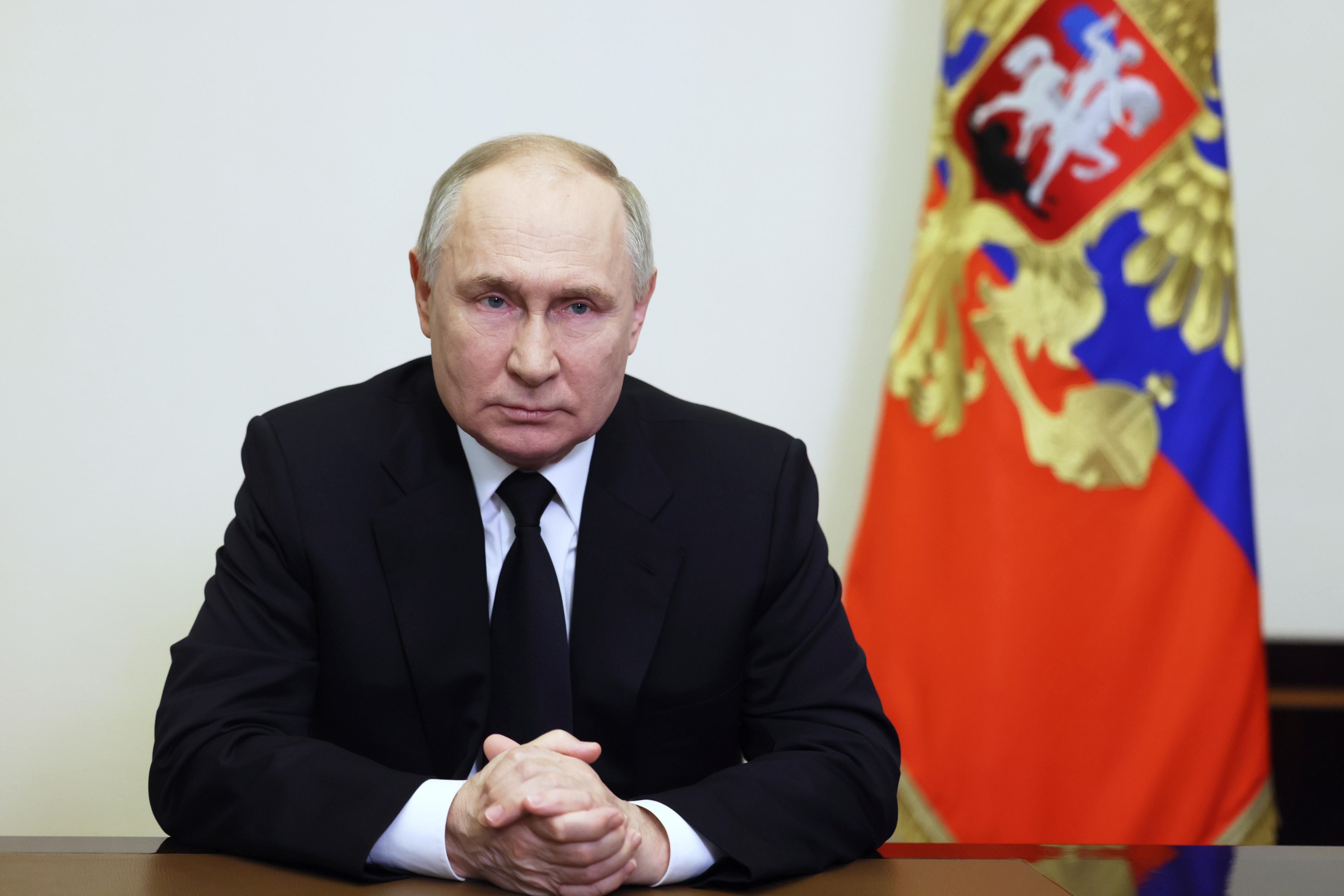 El presidente de Rusia, Vladimir Putin, durante el mensaje a la nación tras el atentado terrorista en el Crocus City Hall en Moscú.
(Foto: EFE/EPA/PAVEL BYRKIN/SPUTNIK/KREMLIN POOL MANDATORY CREDIT )