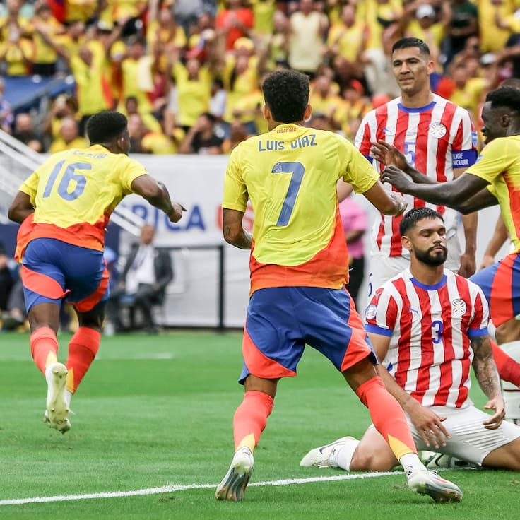 Houston (United States), 24/06/2024.- Paraguay defender Omar Alderete (C) and Paraguay defender Fabian Balbuena (C-Back) react as Columbia players Jefferson Lerma (L), Luis Diaz (2-L) and Carlos Cuesta (3-L) celebrate a goal by James Rodriguez (Not Pictured) during the first half of the CONMEBOL Copa America 2024 group D match between Colombia and Paraguay, in Houston, Texas, USA, 24 June 2024. EFE/EPA/LESLIE PLAZA JOHNSON