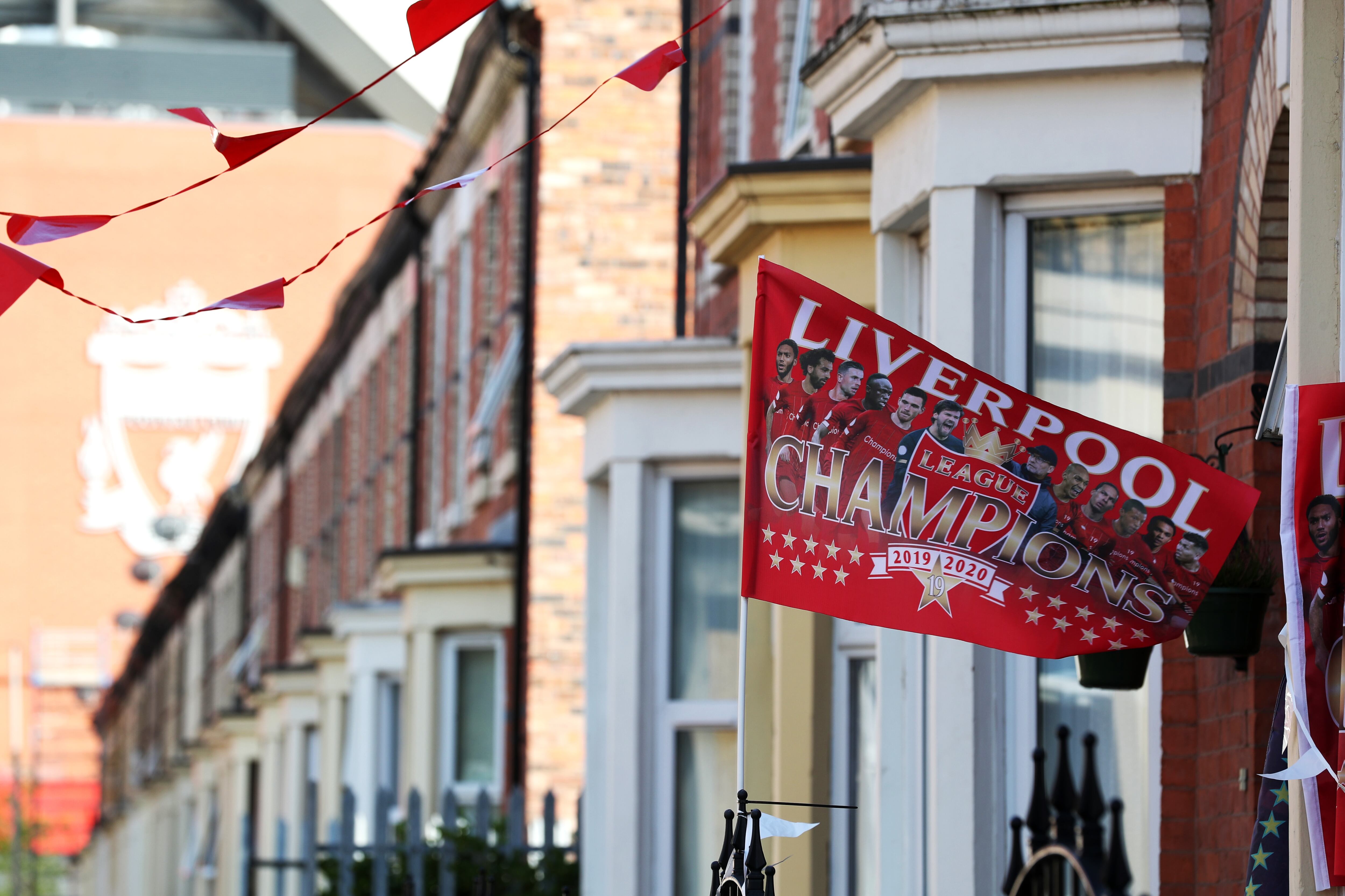 A general view of a Liverpool flag on a street near Anfield, Liverpool. (Photo by Martin Rickett/PA Images via Getty Images)