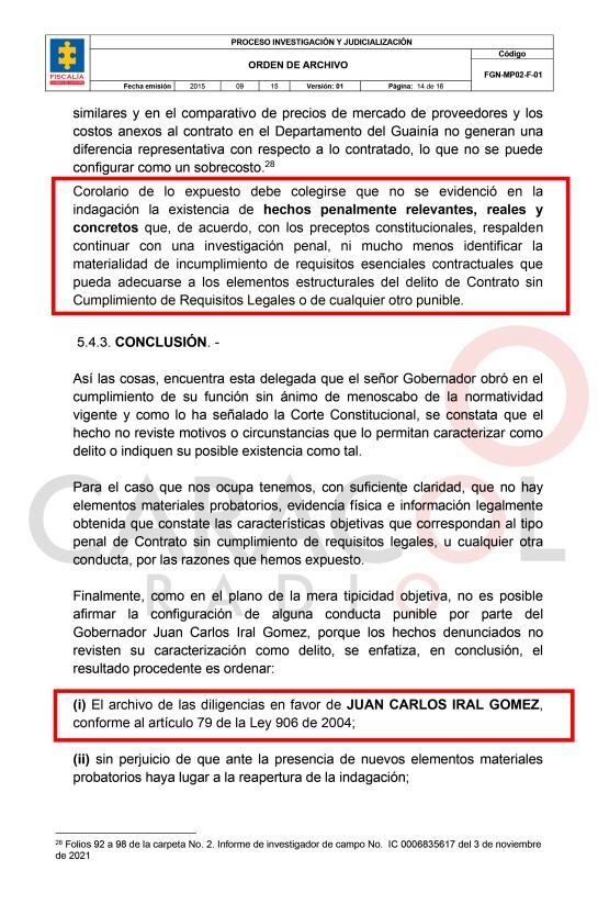 Resolución de archivo de la Fiscalía en favor del gobernador del Guainía Juan Carlos Iral Gómez