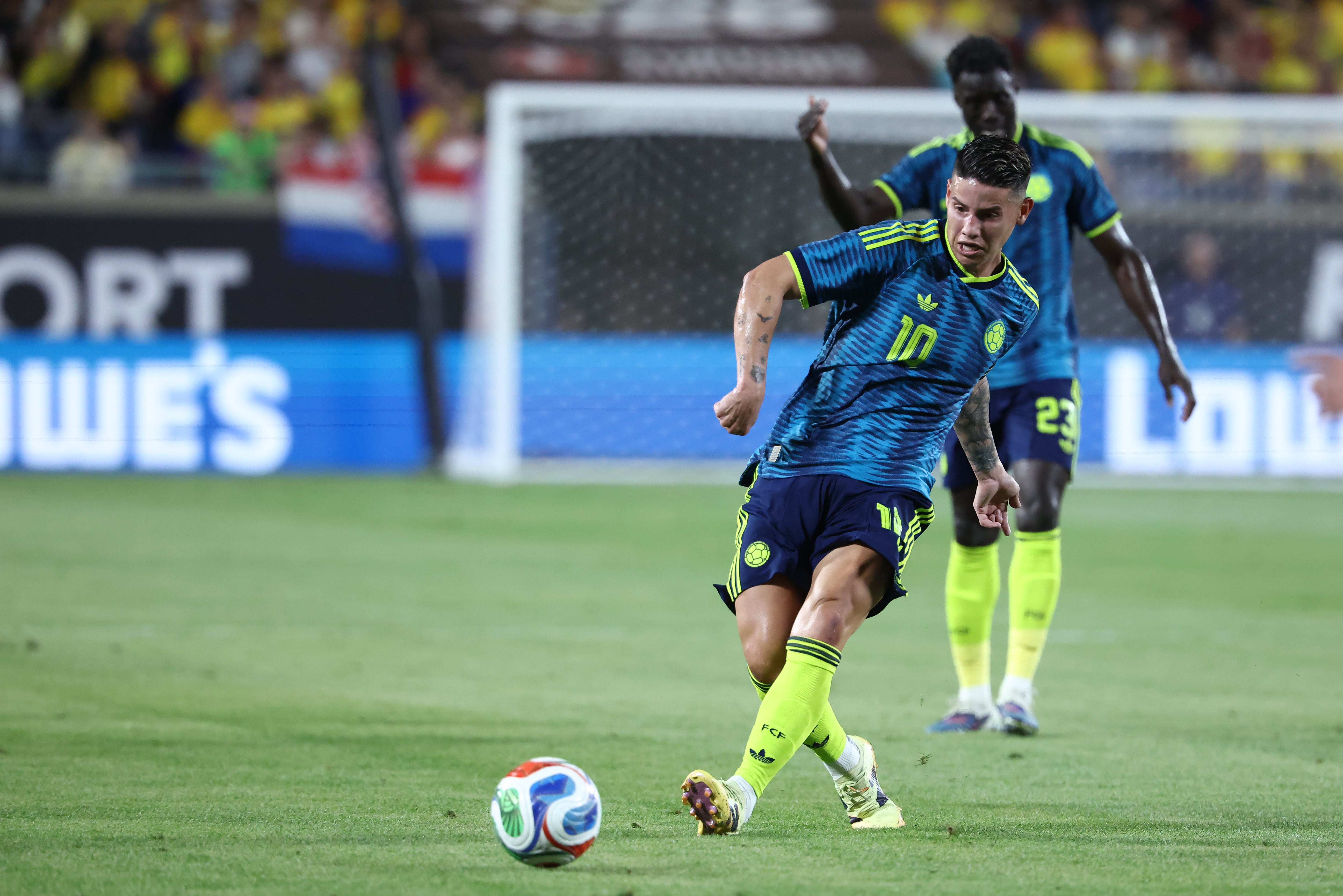 ORLANDO, FL - MARCH 26: Colombia midfielder James Rodriguez (10) sends a pass forward in the first half during the Road to 26 match between Colombia and Croatia on Thursday, March 26, 2026 at Camping World Stadium in Orlando, FL (Photo by Peter Joneleit/Icon Sportswire via Getty Images)