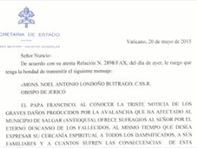 Papa Francisco envía condolencias y oraciones por las víctimas de Salgar