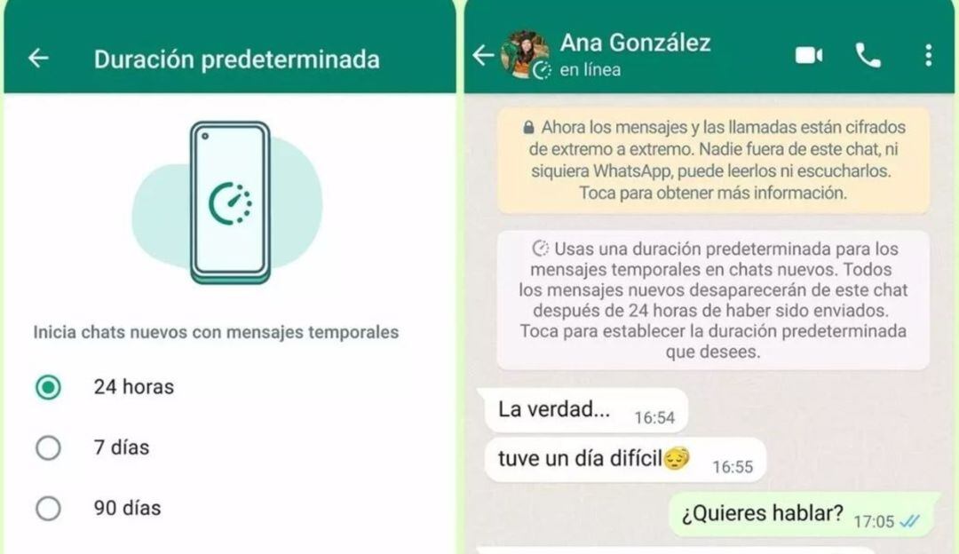 Captura de imagen de WhatsApp de los mensajes temporales