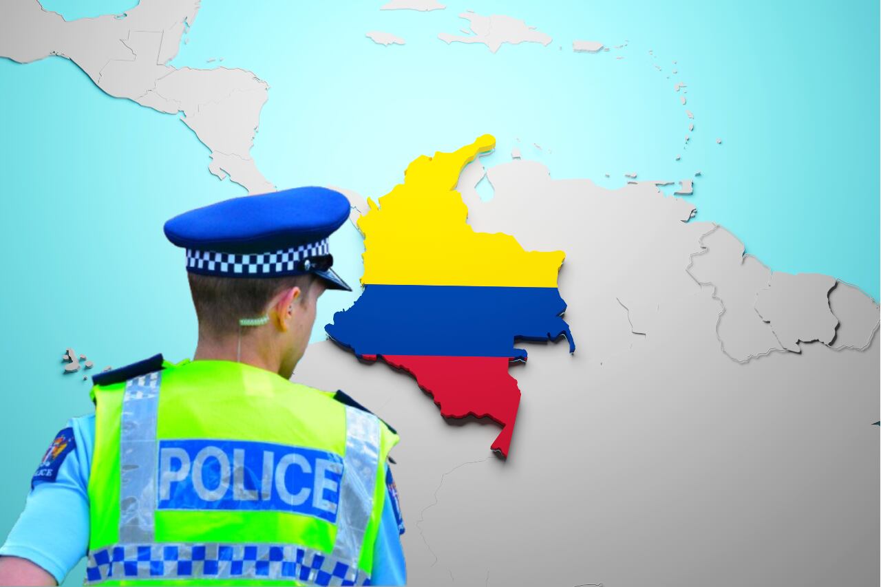 Foto de referencia. Mapa de Colombia y policía neozelandesa: Getty Images. 