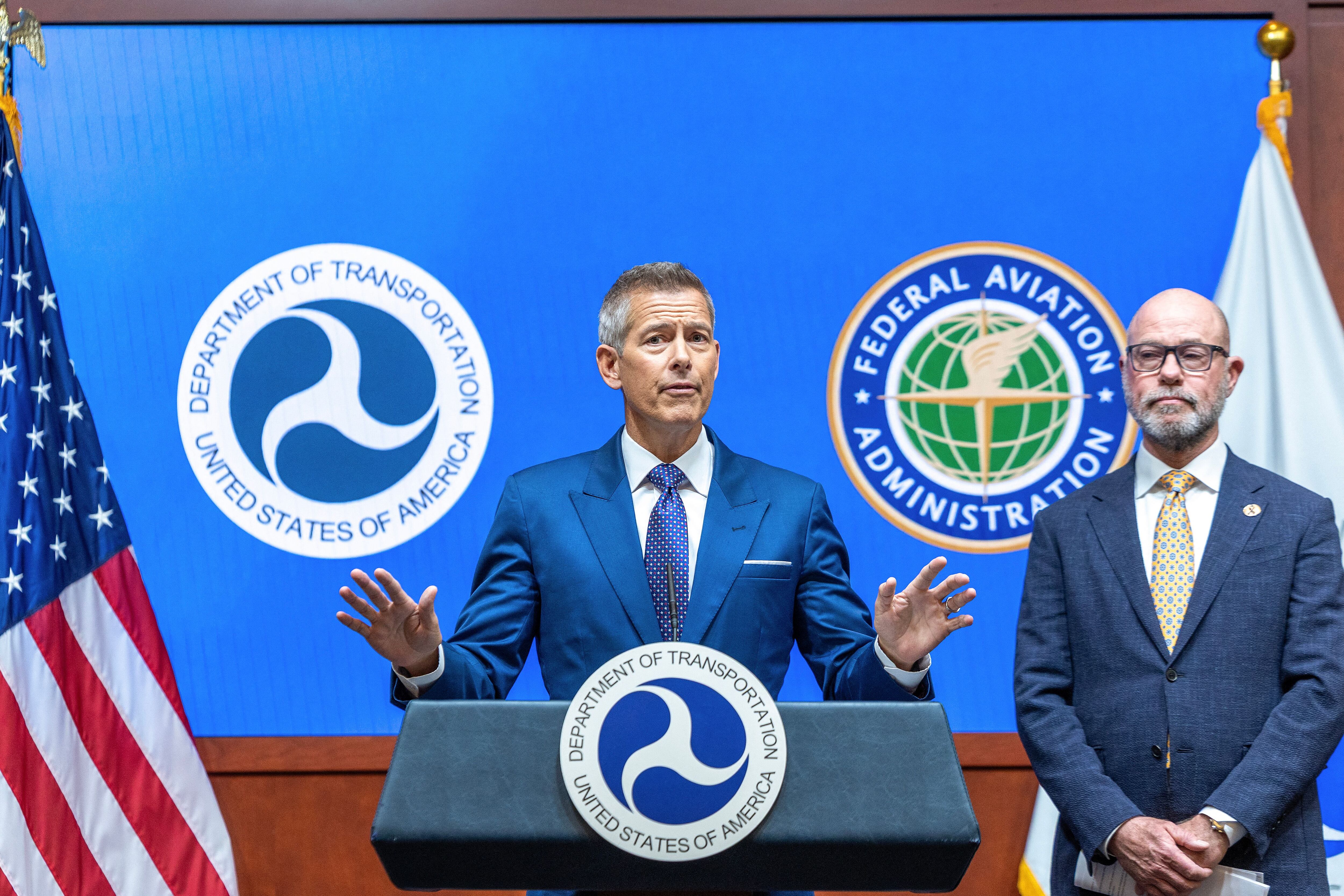 WASHINGTON, DC - NOVEMBER 05: U.S. Transportation Secretary Sean P. Duffy and FAA Administrator Bryan Bedford hold a press conference at the U.S. Department of Transportation Headquarters on November 05, 2025 in Washington, DC. Secretary Duffy and FAA Administrator Bedford spoke of the need to cut thousands of flights due to lack of FAA staffing at airports because of the ongoing government shutdown.   Tasos Katopodis/Getty Images/AFP (Photo by TASOS KATOPODIS / GETTY IMAGES NORTH AMERICA / Getty Images via AFP)