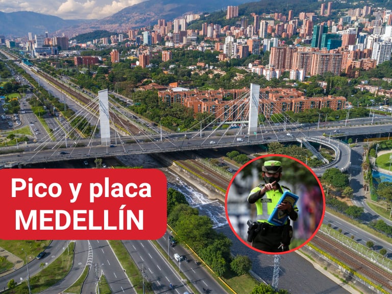 Vista panorámica de una vía en Medellín y al lado una mujer policía señalando (Foto vía Getty Images)