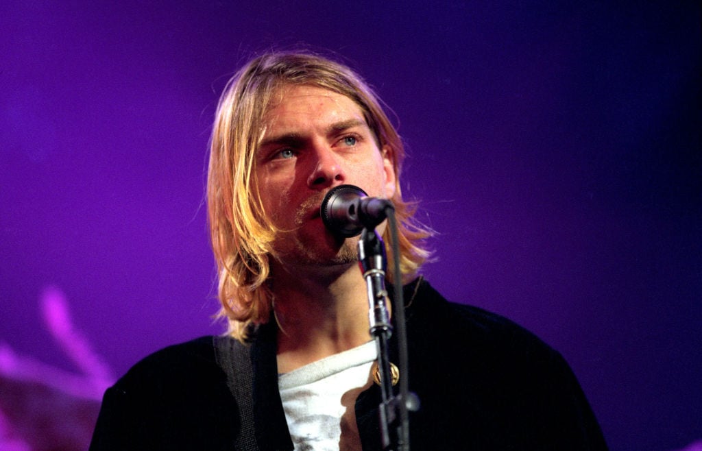 Kurt Cobain of Nirvana at the MTV Live and Loud-Nirvana Performs in December 1993 at Pier 28 in Seattle, Washington.   (Photo by Jeff Kravitz/FilmMagic)