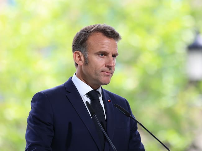 KYIV, UKRAINE - MAY 10: President of France Emmanuel Macron attends a press conference during meeting of ‘Coalition of the willing’ on May 10, 2025 in Kyiv, Ukraine. A meeting of the ‘Coalition of the willing’ will be held in Kyiv today to discuss a permanent ceasefire. The meeting will be attended by President of France Emmanuel Macron, British and Polish Prime Ministers Keir Starmer and Donald Tusk and new German Chancellor Friedrich Merz. (Photo by Viktor Kovalchuk/Global Images Ukraine via Getty Images)