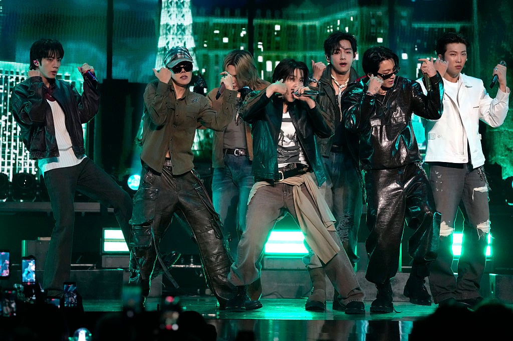 LAS VEGAS, NEVADA - SEPTEMBER 18: (L-R) Jin, Jung Kook, Suga, Jimin,  j-hope, V, and RM of BTS perform onstage during the 2026 iHeartRadio Music Festival at T-Mobile Arena on September 18, 2026 in Las Vegas, Nevada. (Photo by Jeff Kravitz/FilmMagic)