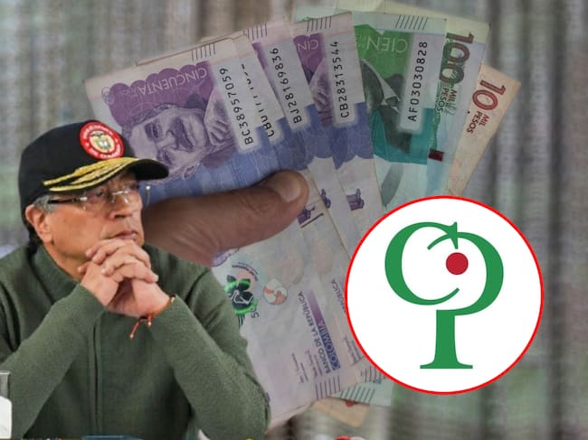 Gustavo Petro, dinero Colombia y logo de Colpensiones. Fotos: (Photo by: Camilo Erasso/Long Visual Press/Universal Images Group via Getty Images) / Getty Images / Colpensiones