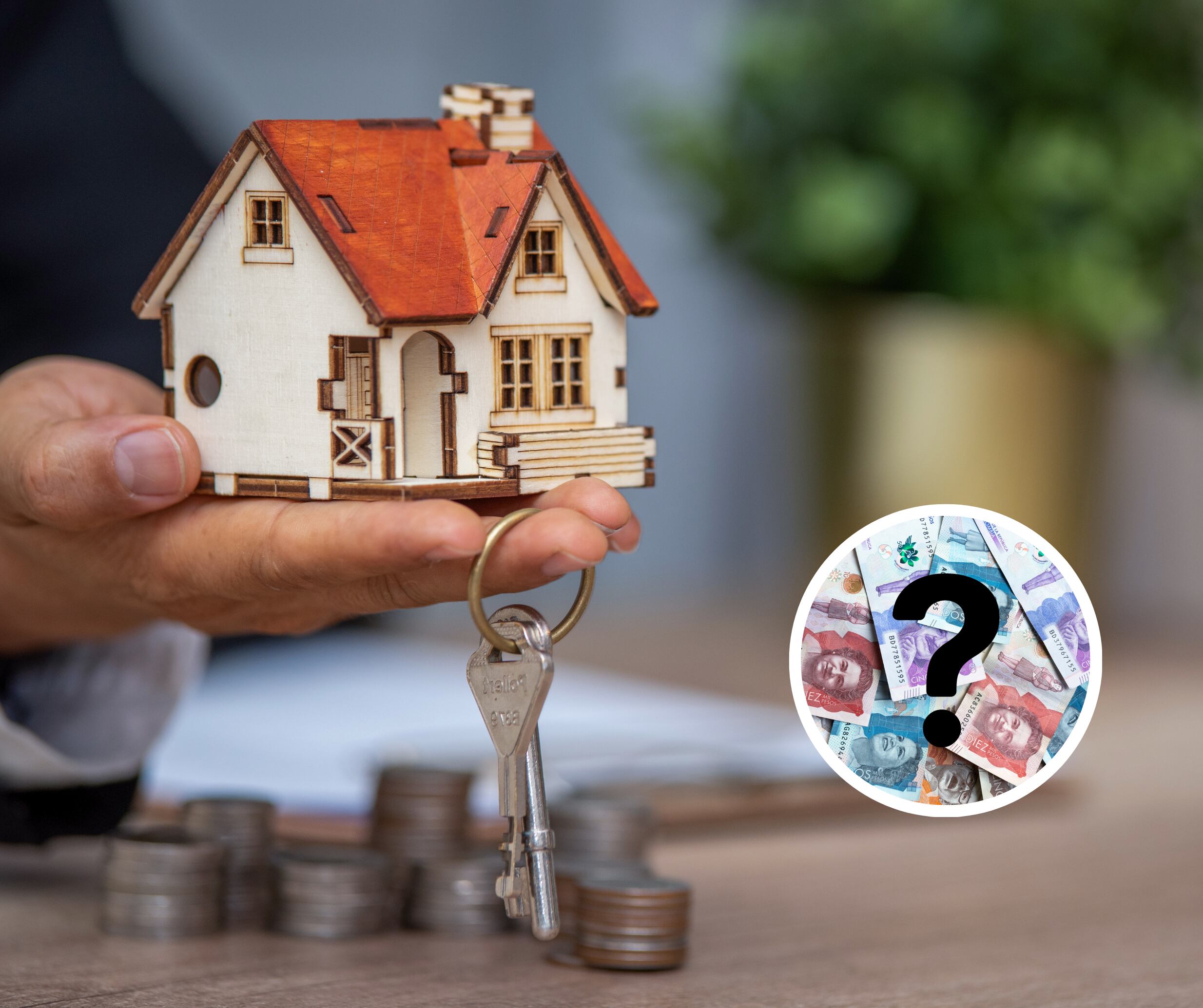 Una mano sosteniendo la figura de una casa y unas llaves en sus dedos, de fondo billetes y un signo de interrogación (Foto vía Getty Images)
