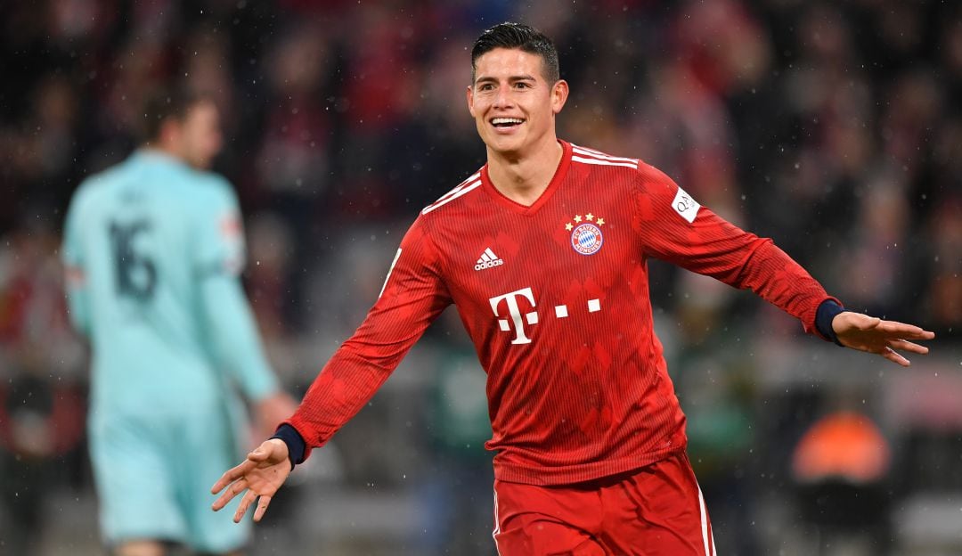 James durante un gol con el Bayern Múnich en el 2019.