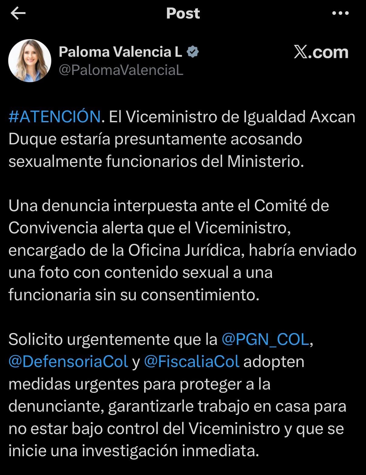 Denuncia de Paloma Valencia (X @PalomaValenciaL)