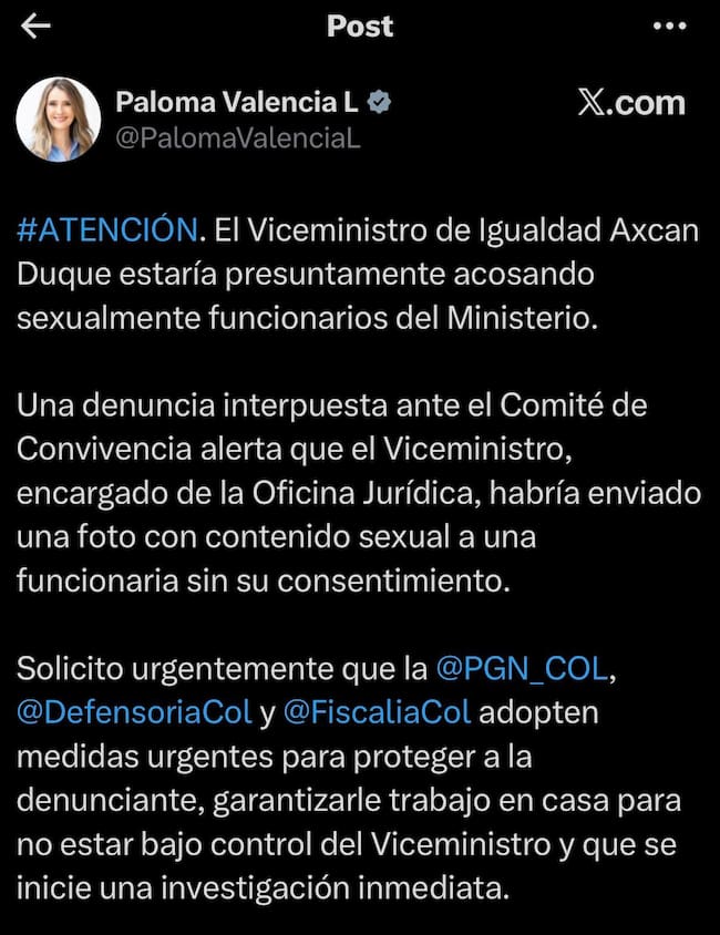 Denuncia de Paloma Valencia (X @PalomaValenciaL)