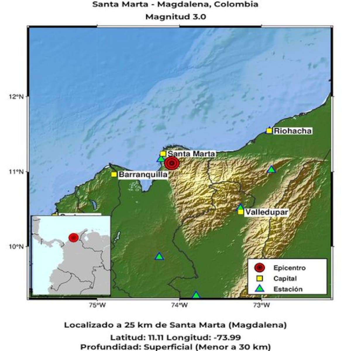 Sismo de magnitud 3.0 se registró en Santa Marta
