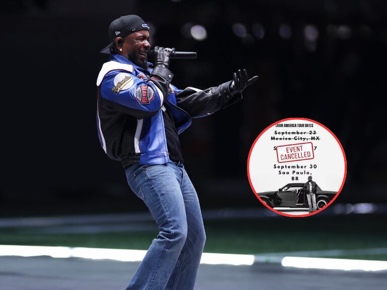 Kendrick Lamar en un concierto y el comunicado de cancelación de su concierto en Bogotá (Foto vía Getty Images)