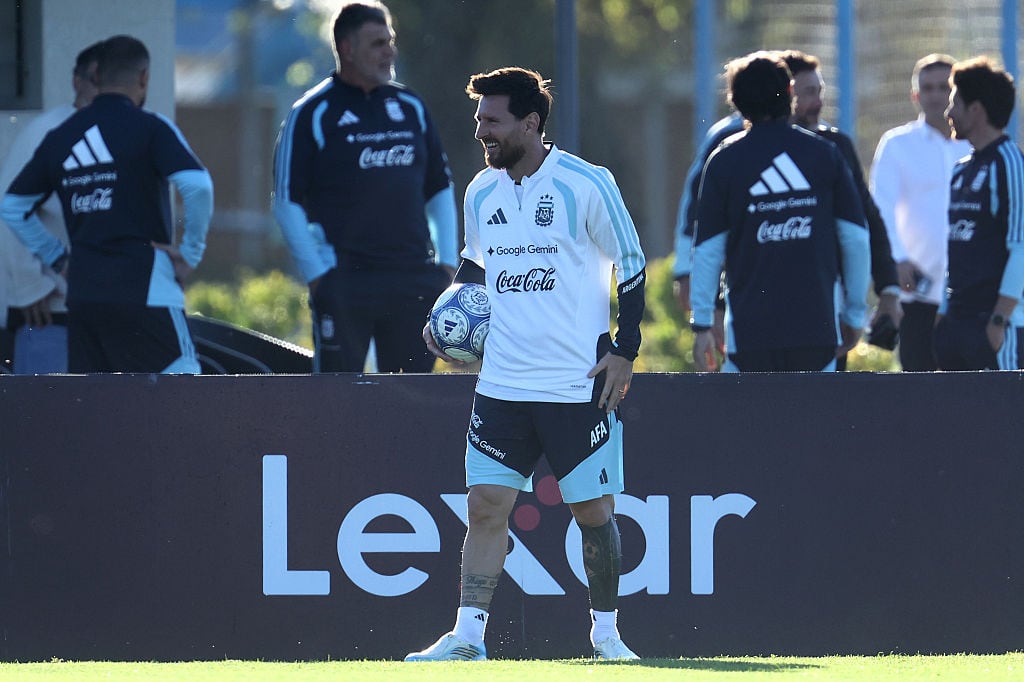 EZEIZA, ARGENTINA - OCTOBER 5: Lionel Messi of Argentina holds the ball during a training session at Lionel Messi training facility on October 5, 2026 in Ezeiza, Argentina.  (Photo by Marcos Brindicci/Getty Images)