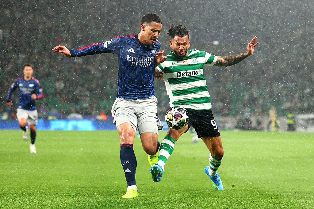 LISBON, PORTUGAL - APRIL 07: of Sporting Clube de Portugal in action with of Arsenal during the UEFA Champions League 2025/26 Quarter-Final First Leg match between Sporting Clube de Portugal and Arsenal FC at Estadio Jose Alvalade on April 07, 2026 in Lisbon, Portugal. (Photo by Chris Brunskill/Fantasista/Getty Images)