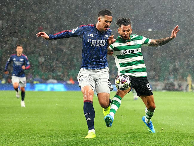 LISBON, PORTUGAL - APRIL 07: of Sporting Clube de Portugal in action with of Arsenal during the UEFA Champions League 2025/26 Quarter-Final First Leg match between Sporting Clube de Portugal and Arsenal FC at Estadio Jose Alvalade on April 07, 2026 in Lisbon, Portugal. (Photo by Chris Brunskill/Fantasista/Getty Images)