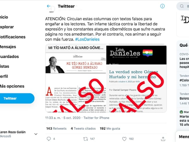 Circulan columnas falsas de Los Danieles sobre Gómez Hurtado