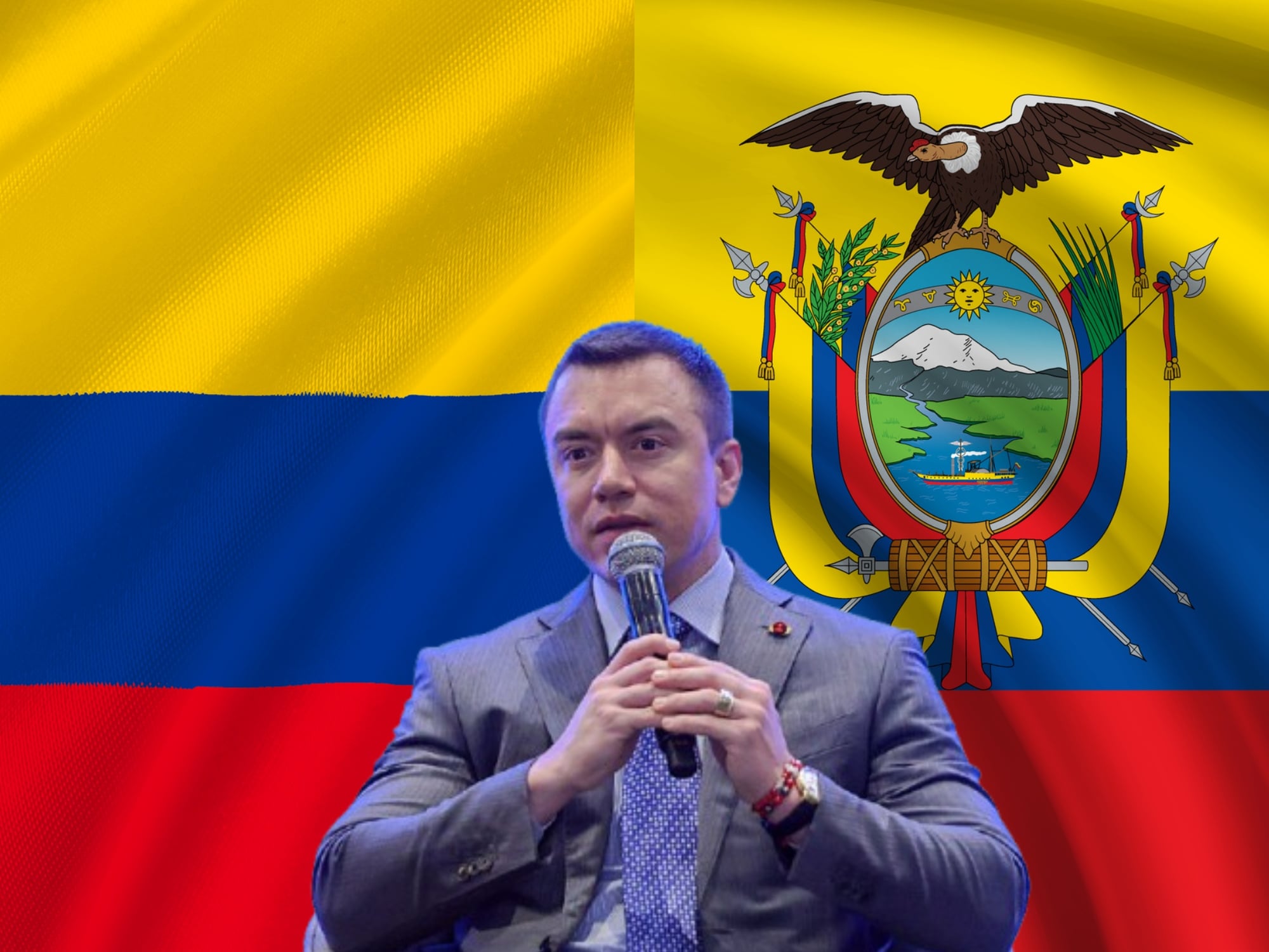 Daniel Noboa y banderas de Colombia y Ecuador. Fotos: Getty Images / (Photo by Agencia Press South/Getty Images)