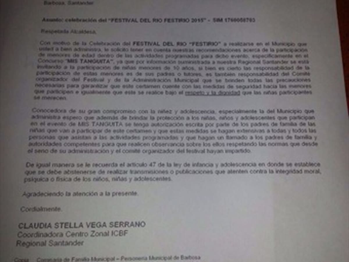 El ICBF habría autorizado la realización del reinado infantil en Barbosa
