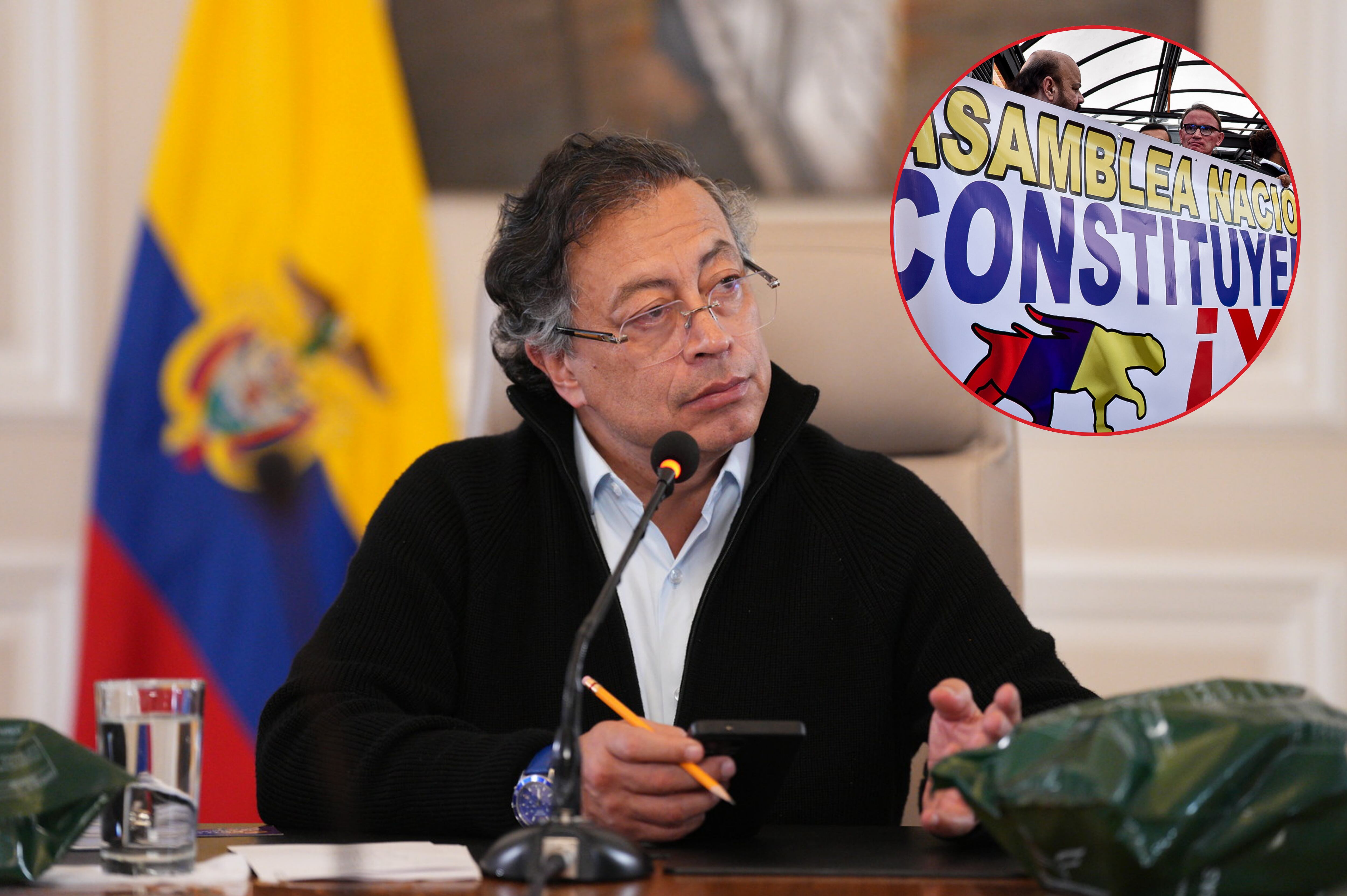 Imagen de referencia. Gustavo Petro en Consejo de Ministros: Presidencia de la República / Cartel apoyando la Asamblea Nacional Constituyente: Colprensa.
