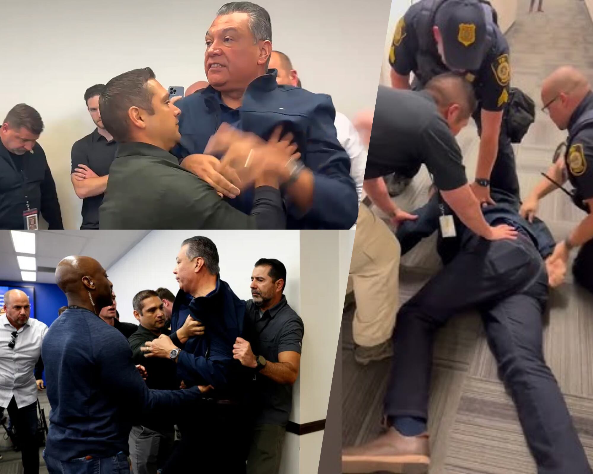 El senador Alex Padilla fue removido a los empujones de una sala donde se realizaba una rueda de prensa de la secretaria de Seguridad Nacional. 
(Foto:  Caracol Radio / Cortesía)