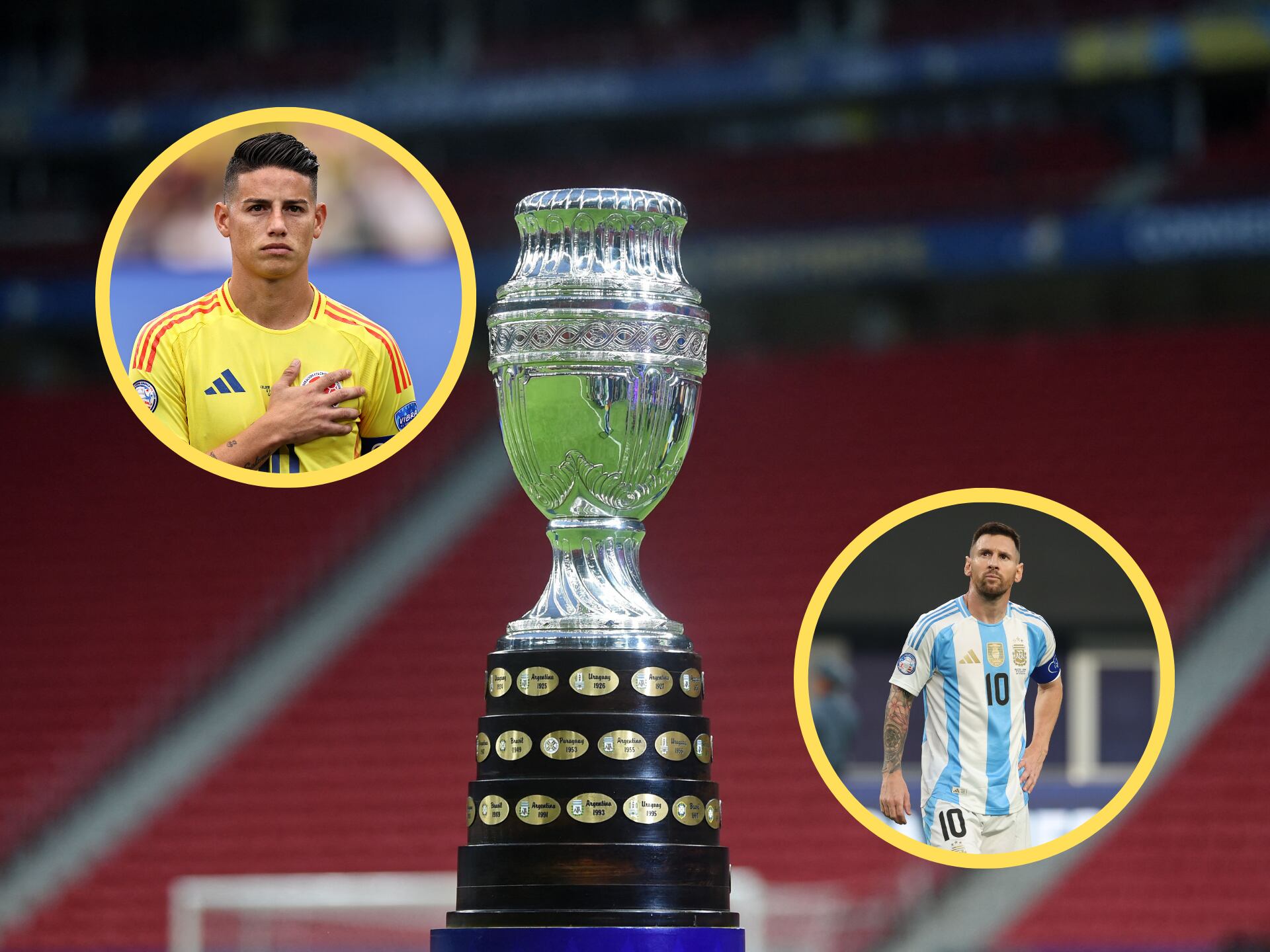 Trofeo de la Copa América 2024, junto a James Rodríguez, selección de Colombia y; Lionel Messi, selección de Argentina (GettyImages)