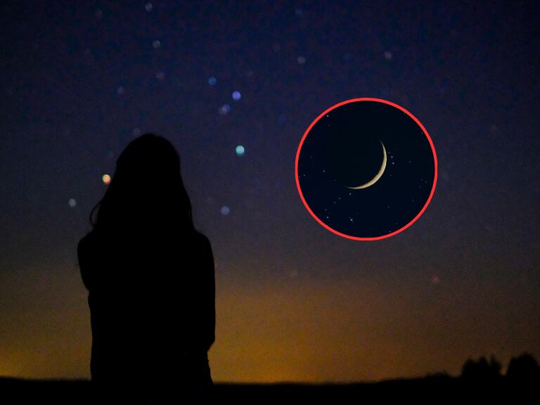 Luna durante la transición a fase de Luna Nueva y de fondo una persona observando el cielo nocturno (Fotos vía Getty Images).