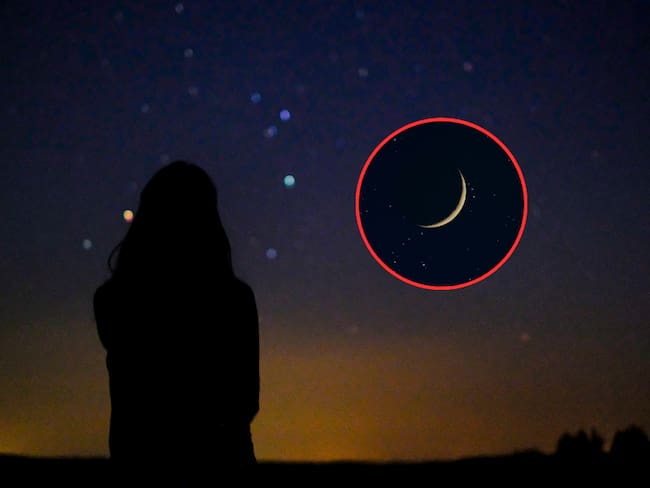Luna durante la transición a fase de Luna Nueva y de fondo una persona observando el cielo nocturno (Fotos vía Getty Images).